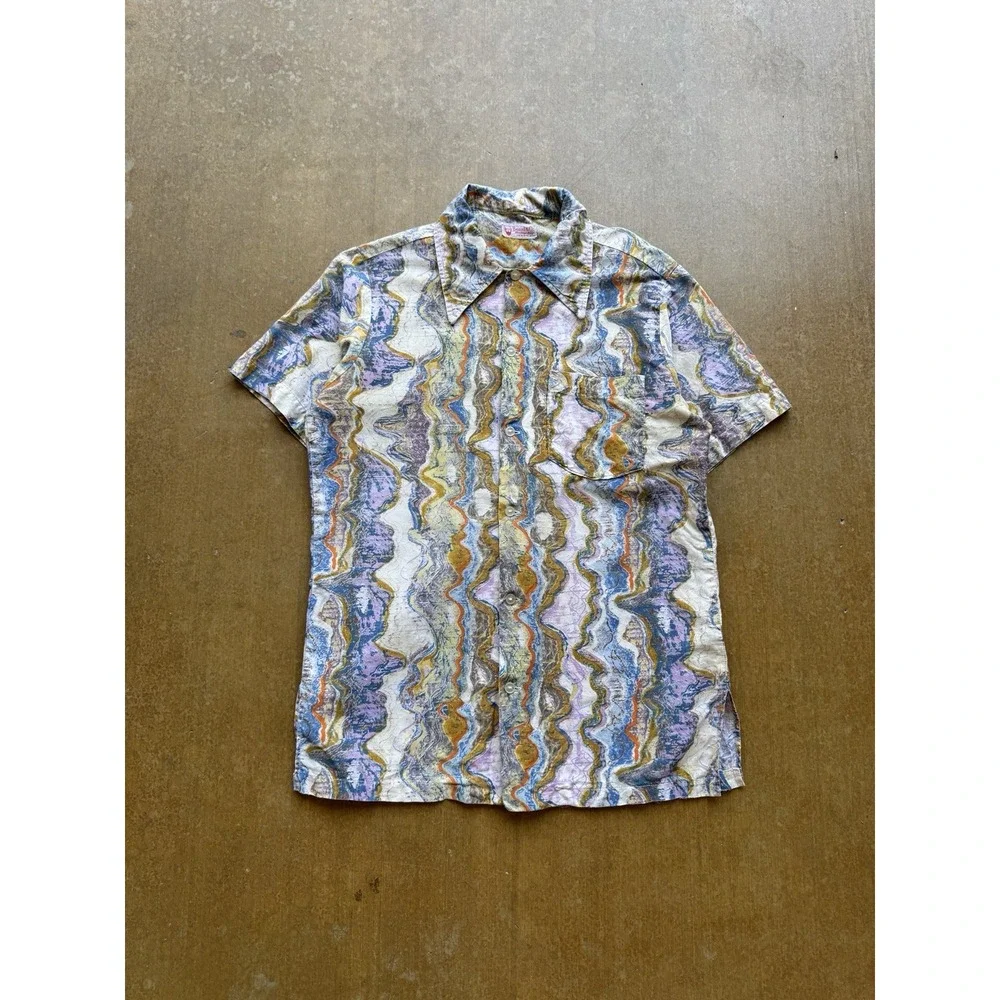 VTG 60s 70s Beard & Co Psychedelic AOP Button Up Shirt Short Sleeve Novelty M